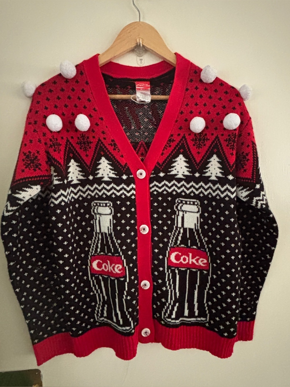 Coca Cola NWOT rd & blk holiday button dwn cardigan SZ XS festive Christmas